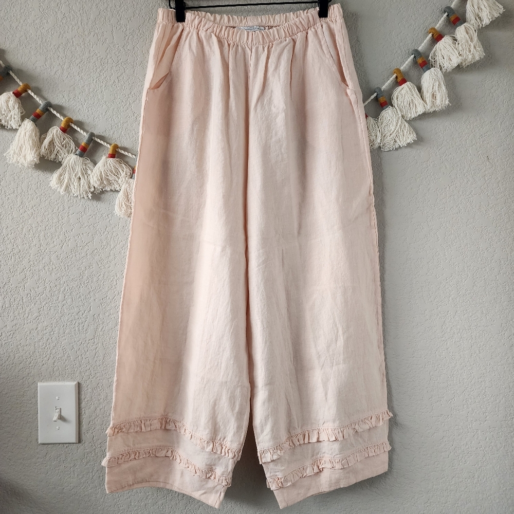 Bryn Walker 100% Linen Oliver Balloon Leg Crop Ruffle Pull On Pant Pink Coastal